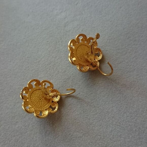 Vintage Cabochon Huggie style Blue and Gold Round Chunky Earrings - Picture 8 of 9